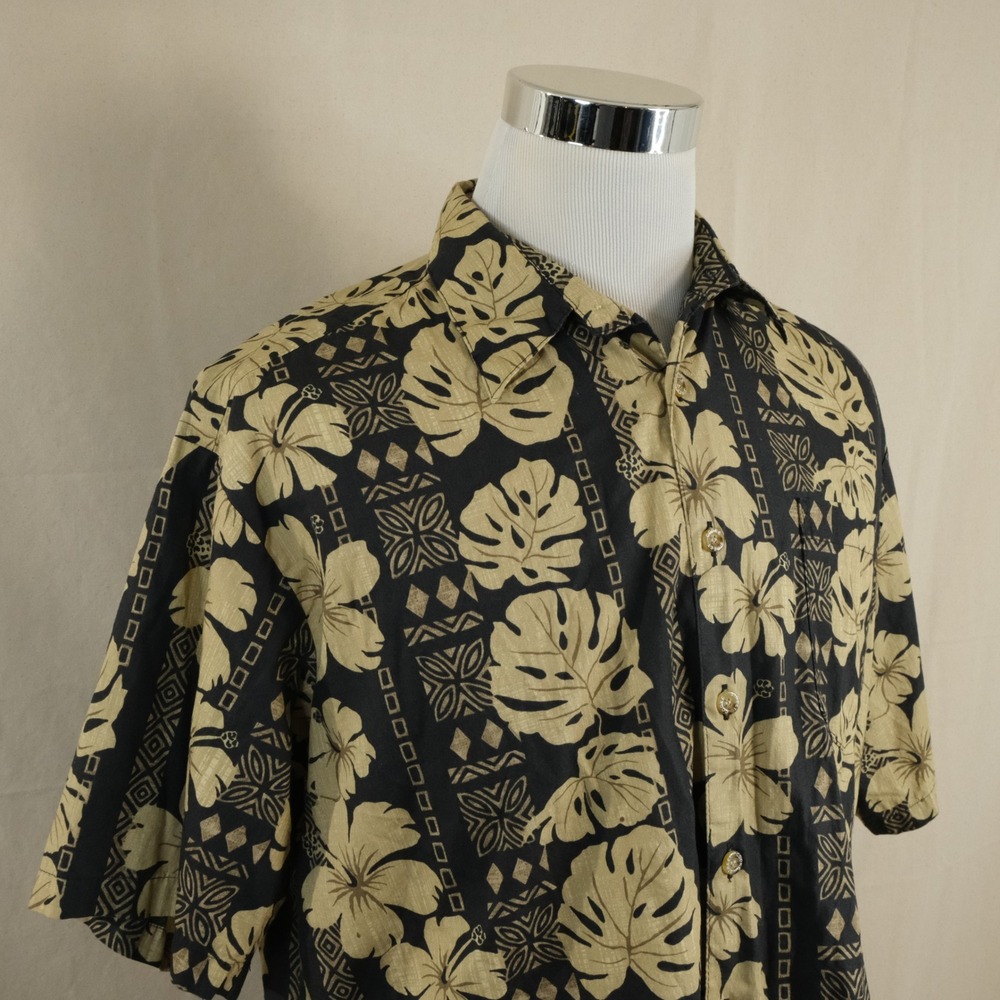 Cooke Street Large Hawaiian Aloha Shirt Black Floral Hibiscus USA Made Mens